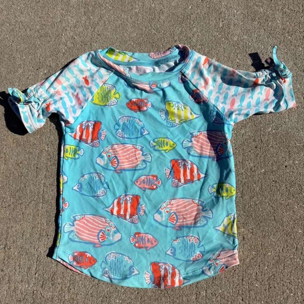 Hatley Girls Toddler Size 3 Tropical Fish Print Rash Guard Swim Shirt Turquoise